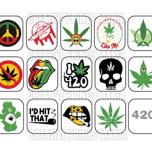 May include: A collection of square graphics featuring cannabis-related designs. The images include a peace sign, lips with a joint, a skull with a cannabis leaf, and the text "I'd hit that."