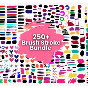 May include: A collection of over 250 colorful brush stroke graphics. The graphics are in various shapes, sizes, and colors, including red, blue, green, yellow, black, and white. The graphics are perfect for adding a creative touch to your designs.