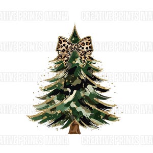 May include: A green camouflage Christmas tree with gold glitter and a leopard print bow.