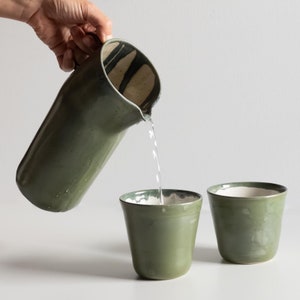 WATER PITCHER with 2 CUPS Minimalist, stoneware, ceramics, tableware, green matte glaze, present, gift for serving water image 1