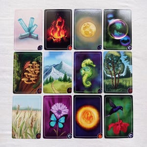 Puede incluir: Un conjunto de doce cartas de tarot rectangulares. Cada carta presenta una ilustración única, como un caballito de mar, una mariposa, una luna llena, un colibrí y una llama. Las cartas están sobre un fondo blanco.