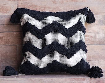 Black and White Chevron Tufted Pillow Cover: Bohemian Home Decor (18 x 18 inches)