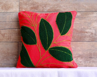 Hand Tufted Punch Needle Pillow: Red & Green Leaves Embroidered Cushion Cover (16x16 inches)