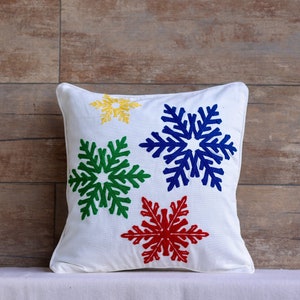 Colorful Snow Flake Christmas Decor Embroidered Cushion Cover, Decorative Pillows, Home Decor Gift, Throw Pillows - 16 x 16 inches