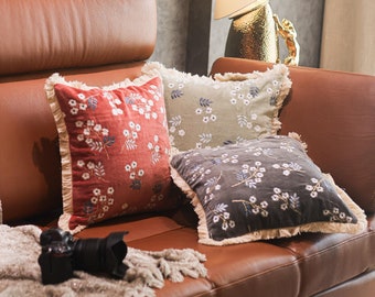 Floral Embroidered Velvet Pillow Cover: Handmade Luxe Boho Cushion (16x16 Inch)