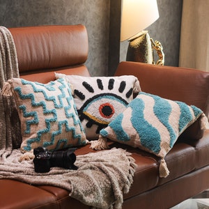 Black/White Evil Eye Punch Needle Hand Tufted Pillow, Decorative Pillows, Embroidered Cushion Cover - Boho Style - 16x16 inches