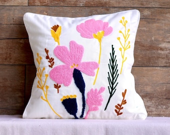 Pink Flower Punch Needle Hand Tufted Pillow, Decorative Pillows, Embroidered Cushion Cover - Bohemian Style Home Decor - 16x16 inches