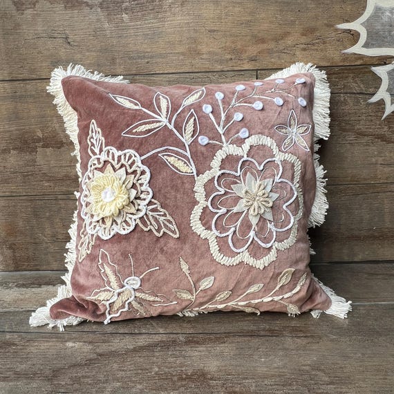 Blush Pink Velvet Pillow Cover: Embroidered Floral Boho Cushion