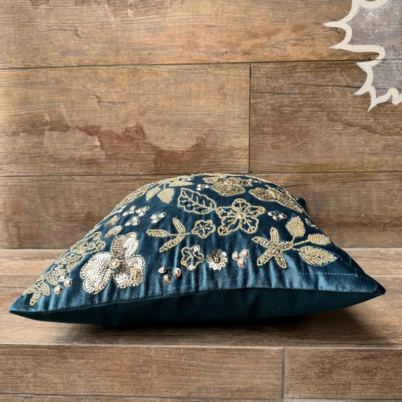 Buy Royal Blue Gold Flower Beadwork Throw Pillow Cover, Sequins