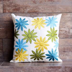 Shades of Blue, Green, and Yellow Floral Decorative Throw Pillow Cover - Handcrafted Beauty for Your Home - 16 x 16 inches