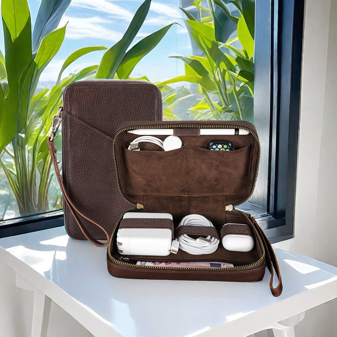Real Leather Electronics Cable Organizer Case, Travel Electronics Organizer Tech Kit, Organizer
