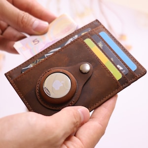 Portefeuille en cuir personnalisé AirTag, porte-étiquette pour homme avec fente pour carte, étui en cuir véritable pour Airtag, fente pour carte mince, porte-monnaie RFID pour cadeau image 3