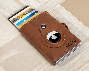 PU Leather AirTag Wallet, Men Air Tag Holder with Catapult Card Clip, Airtag Case, Customized Engraving Name, RFID Card Purse for Gift