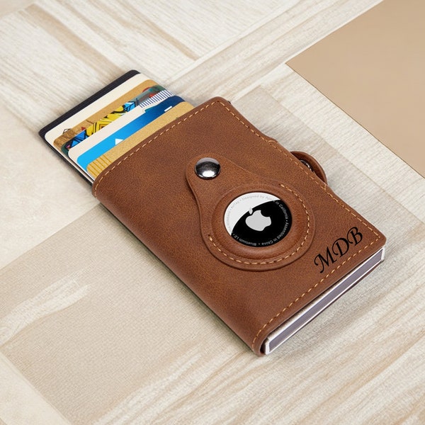 PU Leather AirTag Wallet, Men Air Tag Holder with Catapult Card Clip, Airtag Case, Customized Engraving Name, RFID Card Purse for Gift