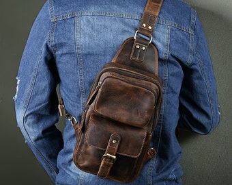 Vintage Crossbody Bag für Männer, Echtleder Schultertasche, Outdoor Reisetasche, Daypack, Herren Brusttasche, Custom Ledertasche, Geschenk für Männer