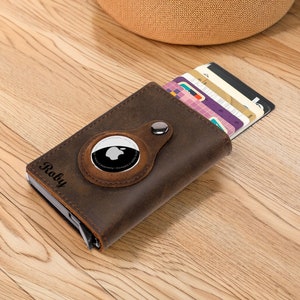 Real Leather AirTag Wallet, Men Air Tag Holder with Catapult Card Clip, Airtag Case, Customized Engraving Name, RFID Card Purse for Gift