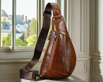 Sac à bandoulière en cuir, sac poitrine pour homme, sac de voyage en plein air, sac à dos, sac à bandoulière vintage pour homme, sac à bandoulière, cadeau pour lui