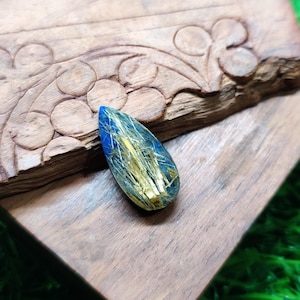 Golden Rutilated Quartz Lapis Gemstone: Pear Checker Cut Crystal