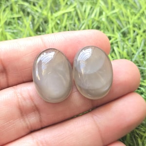 May include: Two oval-shaped, gray moonstone cabochons. The stones have a smooth, polished surface with a subtle, milky appearance. The gemstones are held in a hand against a backdrop of green grass.