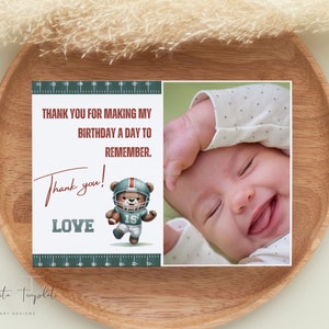Editable Cute Bear American Football 1st Birthday Thank You Card Photo One Birthday  Thank You Card Boy Girl Thank You Card Printable