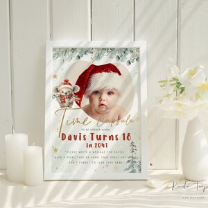 Modelo de cápsula do tempo para foto do primeiro aniversário, cartões de cápsula do tempo do primeiro aniversário do coala fofo Papai Noel, chá de bebê da cápsula do tempo, um ano