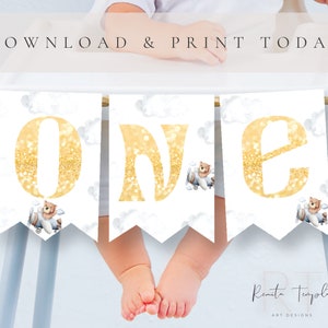 Adorable Bear Aviator ONE Birthday Banner Printable High Chair Banner First Birthday Decorations Cute Bear Aviator Party Decorations