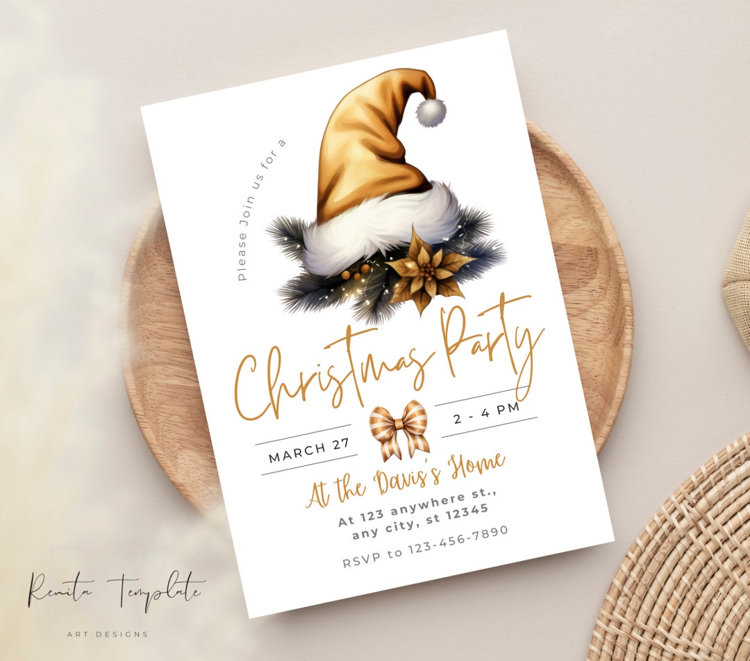 Editable Cute Christmas Party Invitation Template, Gold Santa Hat