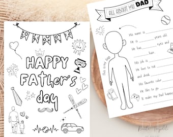 Father's Day Gift Coloring Printable Keepsake, Fathers Day Gift From Kids, Activity Page, Printable All About Dad Fill In Template