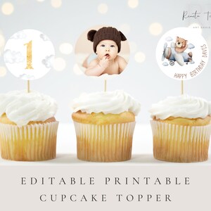Editable Cute Bear Aviator Cupcake Toppers,Cupcake Photo,Birthday Party Cake Topper, Cupcake kid birthday,Digital File,Canva Template