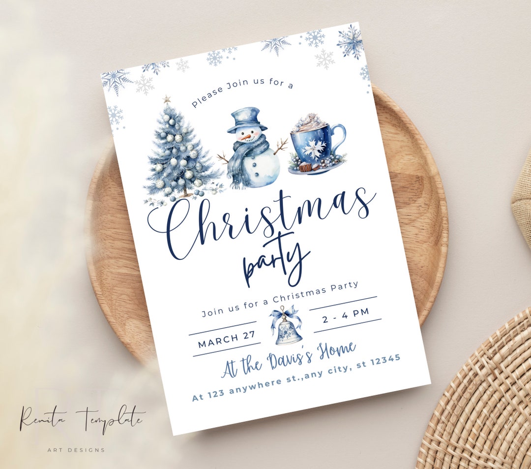Editable Cute Christmas Party Invitation Template, Blue Snow Man