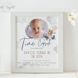 Modelo de cápsula do tempo para foto do primeiro aniversário, cartões de cápsula do tempo para o primeiro aniversário, chá de bebê da cápsula do tempo, um ano, modelo Canva