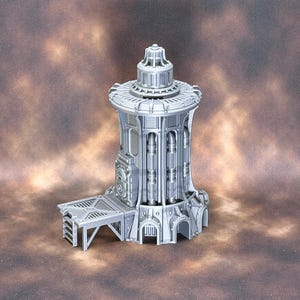 May include: A silver-coloured miniature sci-fi tower structure featuring a cylindrical main body with vertical piping, a circular top platform, and a rectangular side landing pad with a ladder, all rendered in a detailed, unpainted plastic finish.