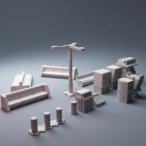 May include: A collection of miniature, light-colored architectural models, including benches, a street lamp, and various building structures. The set appears to be designed for a diorama or model-making project, with a futuristic or industrial theme.