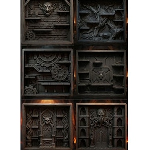 May include: A set of six square, dark-toned display shelves featuring intricate relief carvings. Designs include a goblin face, a gnarled tree, mechanical gears, industrial panels, a horned skull throne, and a tentacled creature above a doorway.