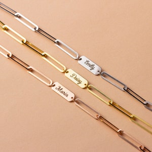 14K Gold Custom Bar Paperclip Chain Bracelet, Paperclip Bracelet, Bar Name Bracelet, Family Names Bracelet, Gift For Mom
