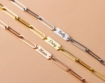 14K Gold Custom Bar Paperclip Chain Bracelet, Paperclip Bracelet, Bar Name Bracelet, Family Names Bracelet, Gift For Mom