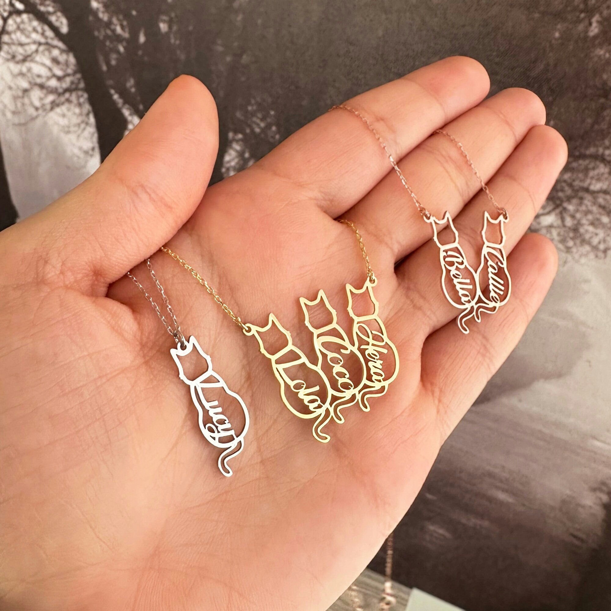 14K Solid Gold Personalized Named Cat Necklace, Custom Pet Jewelry, Cat Silhouette Necklace, Cat Memorials Gift, Cat Gifts For Cat Lovers