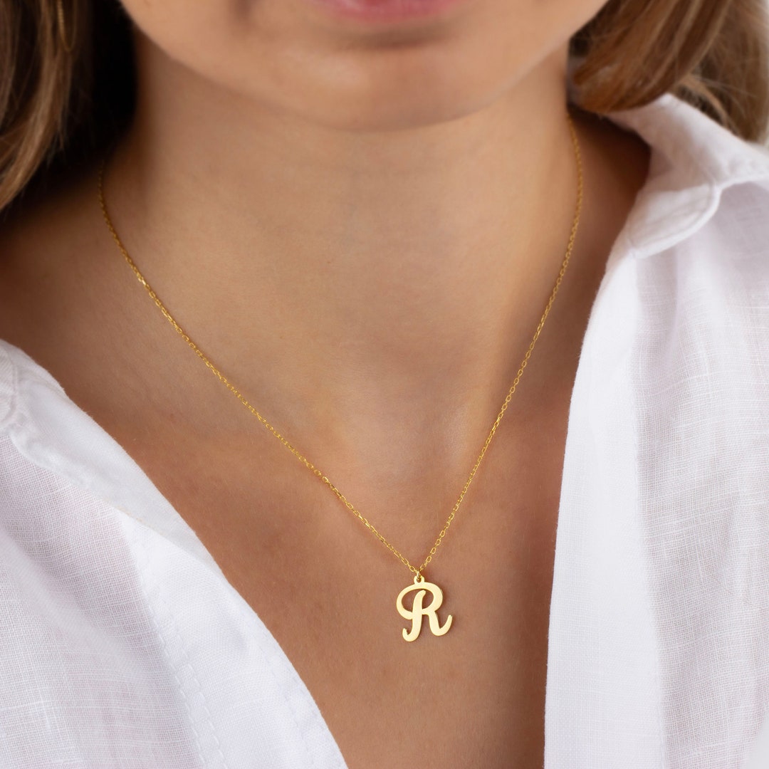 14K Solid Gold Initial Letter Necklace, Custom Letter Jewelry, Minimal