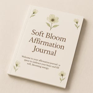 May include: A cream-colored journal titled "Soft Bloom Affirmation Journal" with floral illustrations. The cover text includes a welcome message about embracing your heart and filling soft, blooming energy.