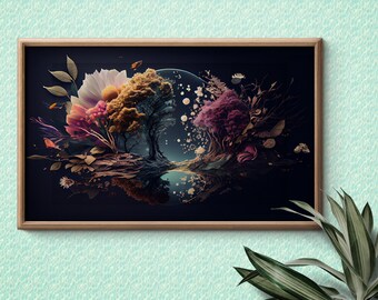 Op de afbeelding: Een ingelijste kunstprint met een surrealistisch landschap met twee bomen, een met gouden bladeren en de andere met paarse bladeren, die worden weerspiegeld in een stil wateroppervlak. De bomen zijn omringd door een verscheidenheid aan bloemen en bladeren, wat een fantasierijke en dromerige scène creëert.