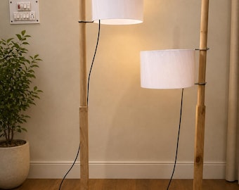 Lampada da terra in legno realizzata a mano / Lampada da terra moderna e minimalista, paralume bianco