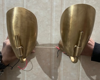 Mid Century Modern Brass Sconce - Handmade Curved Shade Wall Light - Pair