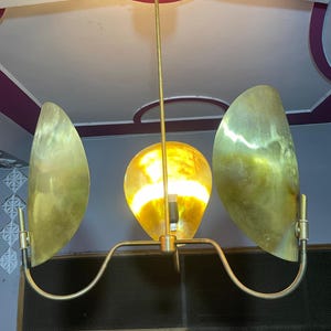 Contemporary Brass Ceiling Light | 3-Arm Dome Pendant with Gold Leaf Shades | Modern Sculptural Chandelier