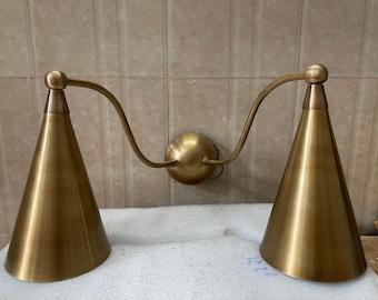 Handcrafted Raw Brass Double Sconce: Mid Century Modern Wall Lamp