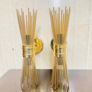 Pair of Brass Sunray Sconces: Mid Century Sputnik Wall Lights