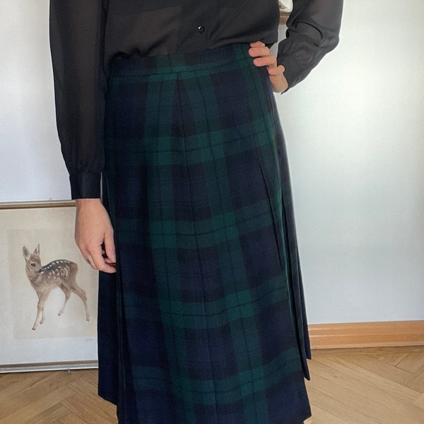 jupe tartan à carreaux bleu vert vintage jupe plissée en laine vierge fabriquée en Écosse Pringle Sports taille 42