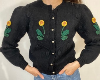 PINELLI Black Vintage Cardigan Traditional Costume Dandelion Handmade 100% Wool Size 38