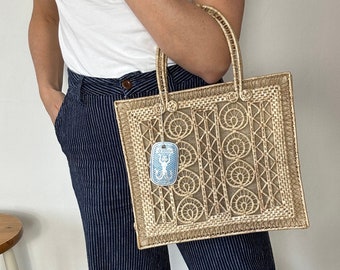 Mooie vintage handtas, raffia tas, gevlochten mandtas