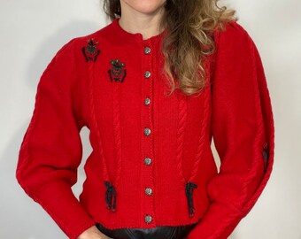 Cardigan traditionnel vintage rouge tricoté taille 38/40