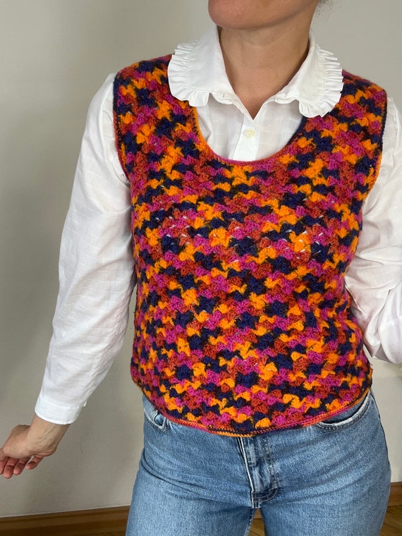 Colorful vintage sweater vest handmade crocheted … - image 2